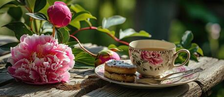 ai généré thé tasse, gâteau, et une rose pivoine photo