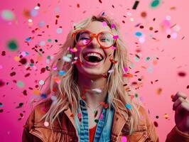 ai généré femmes dans des lunettes de soleil et des lunettes sur rose Contexte soufflant confettis photo