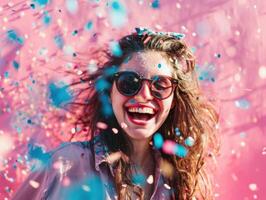 ai généré Jeune femme en riant tandis que lancement confettis avec des lunettes de soleil photo