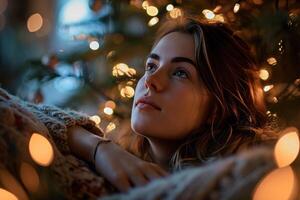 ai généré Jeune femme relaxant dans de face de Noël arbre photo