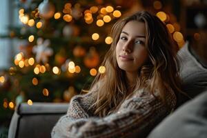 ai généré Jeune femme relaxant dans de face de Noël arbre photo