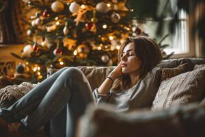ai généré Jeune femme relaxant dans de face de Noël arbre photo