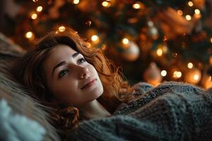 ai généré Jeune femme relaxant dans de face de Noël arbre photo