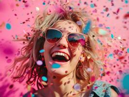 ai généré Jeune femme en riant tandis que lancement confettis avec des lunettes de soleil photo