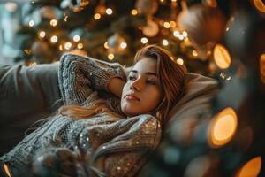 ai généré Jeune femme relaxant dans de face de Noël arbre photo