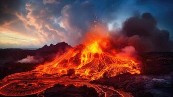 ai généré ardent volcan, bouillonnant lave, fumeur cratère. photo