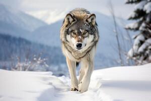 ai généré Cadre une étourdissant image de une seul Loup traversant une couvert de neige paysage photo