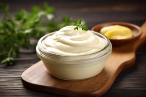 ai généré délicieux Mayonnaise sur le table photo