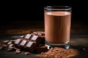 ai généré protéine poudre et Chocolat boisson dans une verre photo