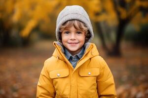 ai généré portrait de content enfant garçon avec l'automne en plein air photo