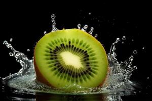 ai généré une tranche de kiwi éclabousser dans une éclaboussure de l'eau photo