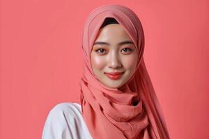 ai généré asiatique musulman femme isolé dans solide Couleur studio Contexte photo