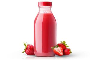 ai généré fraise jus bouteille vu de le de face sur une blanc Contexte photo