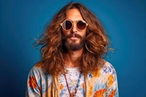 ai généré hippie homme dans des lunettes de soleil sur bleu Contexte photo