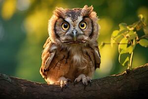 ai généré curieuse hibou sur branche photo