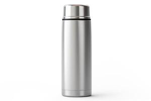 ai généré argent thermos bouteille isolé sur blanc Contexte photo