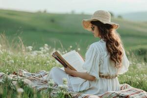 ai généré Jeune femme en train de lire livre sur pique-nique couverture dans champ photo