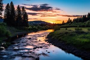 ai généré paisible rivière pliez dans crépuscule photo