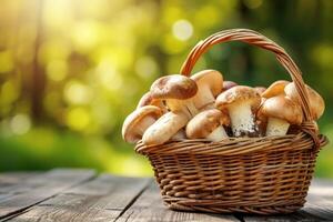 ai généré osier panier avec Frais sauvage champignons sur en bois table en plein air photo