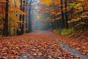 ai généré l'automne feuilles sur forêt chemin photo