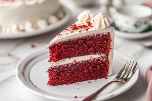 ai généré tranche de rouge velours gâteau sur blanc assiette photo