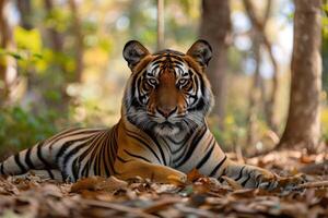 ai généré une tigre pose dans le les bois photo