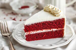 ai généré tranche de rouge velours gâteau sur blanc assiette photo