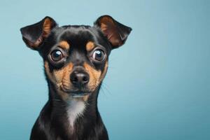 ai généré une petit noir et blanc pinscher chien dans de face de un bleu Contexte photo