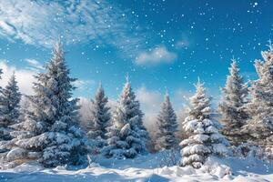 ai généré neigeux des arbres en dessous de une bleu ciel avec neige couverture sur le sol photo