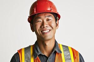 ai généré asiatique construction ouvrier sur une blanc Contexte souriant photo