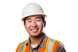 ai généré asiatique construction ouvrier sur une blanc Contexte souriant photo