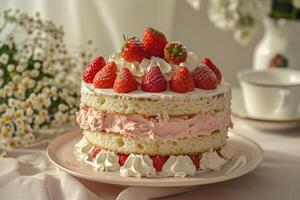 ai généré fraise sarriette gâteau avec crème photo