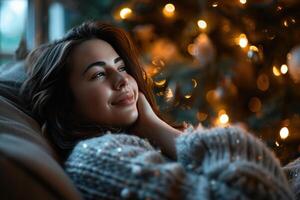 ai généré Jeune femme relaxant dans de face de Noël arbre photo