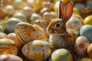 ai généré Pâques fond d'écran avec lapin et beaucoup de des œufs. photo