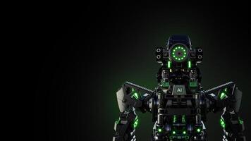 futuriste ai robot avec vert lumières posant contre une foncé arrière-plan, 3d le rendu. photo