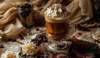 ai généré le bohémien tigre avec fouet crème et marron café est une fantaisie boisson photo