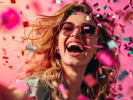 ai généré Jeune femme en riant tandis que lancement confettis avec des lunettes de soleil photo