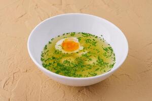 poulet soupe avec Oeuf et aneth dans blanc bol photo