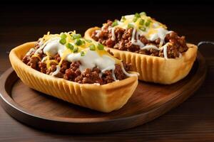 ai généré le Chili et fromage délice gaufre bateaux pour Pret à partir confort photo