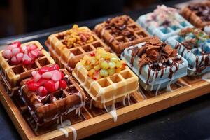 ai généré sucré indulgences de la taille d'une bouchée gaufre pop avec tentant garnitures photo