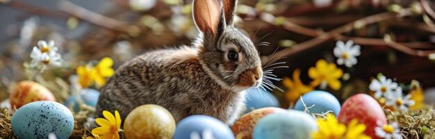 ai généré une duveteux lapin est séance parmi coloré des œufs et fleurs photo