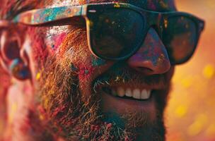 ai généré homme dans des lunettes de soleil avec coloré Holi poudre sur le sien visage et souriant. photo