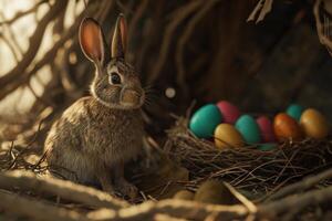 ai généré une lapin est séance avec coloré des œufs par il sur herbe photo