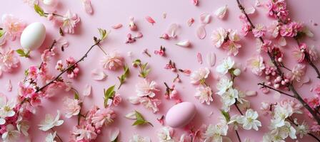 ai généré une rose frontière couvert avec rose fleurs et des œufs photo