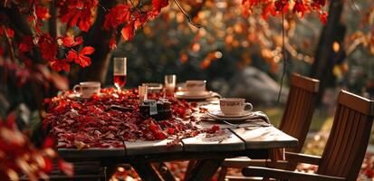 ai généré une table ensemble en dessous de rouge feuilles dans le jardin photo