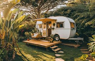 ai généré une petit blanc RV a une en bois plate-forme surplombant le pelouse photo