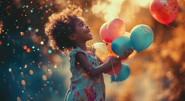 ai généré enfant en riant et en portant nombreuses des ballons photo