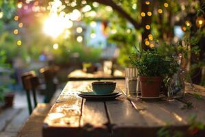 ai généré un vide jardin table avec vaisselle sur il photo