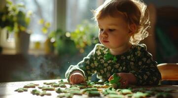 ai généré une Jeune enfant en jouant avec trèfle biscuits. photo