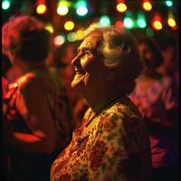 ai généré amusant, positif personnes âgées à une disco. photo